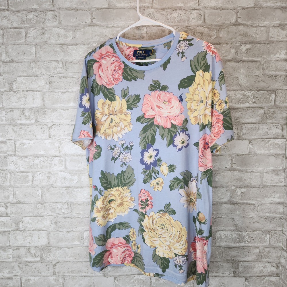 Polo Ralph Lauren T-Shirt Floral Print Classic Fit Blue Pink Coastal Prep Large - Picture 2 of 5
